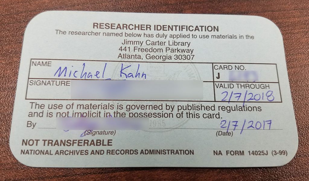 Mk library jimmy carter library researcher card