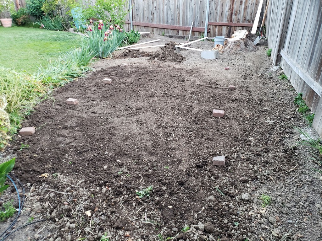 Planning raised bed layout with old bricks and scrap wood