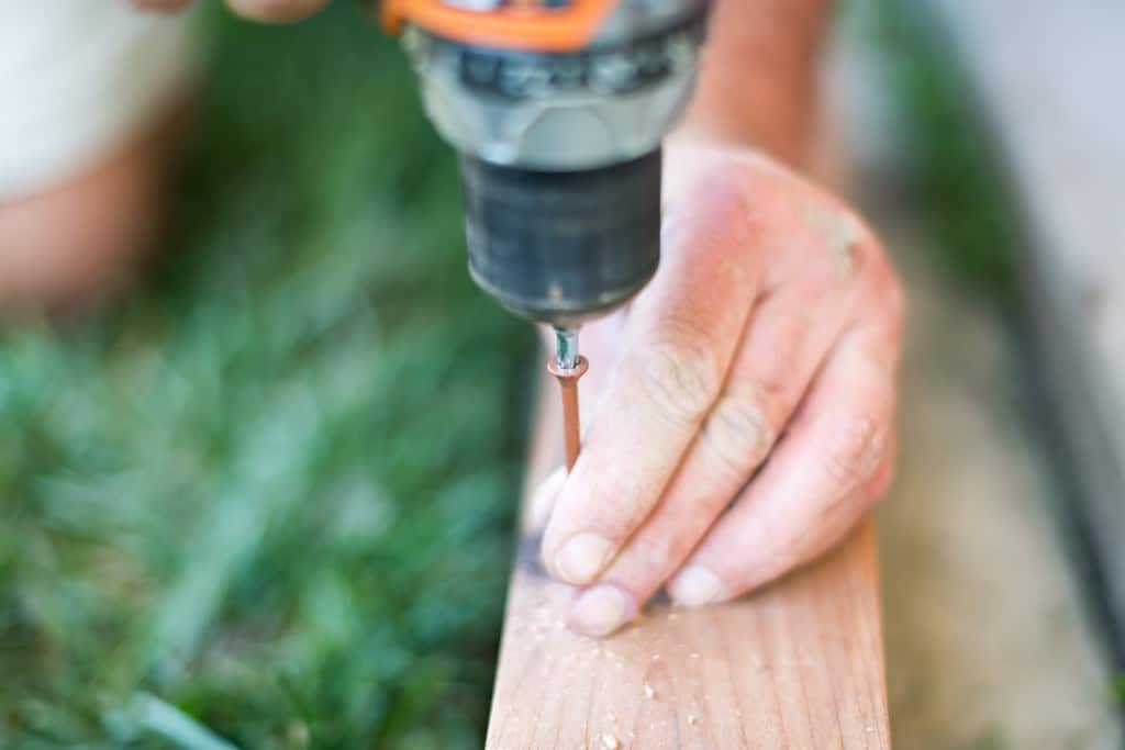 Installing the screws halfway into the redwood in preparation of attaching the corrugated metal panels