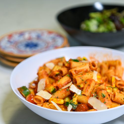 Paccheri pasta with summer vegetables