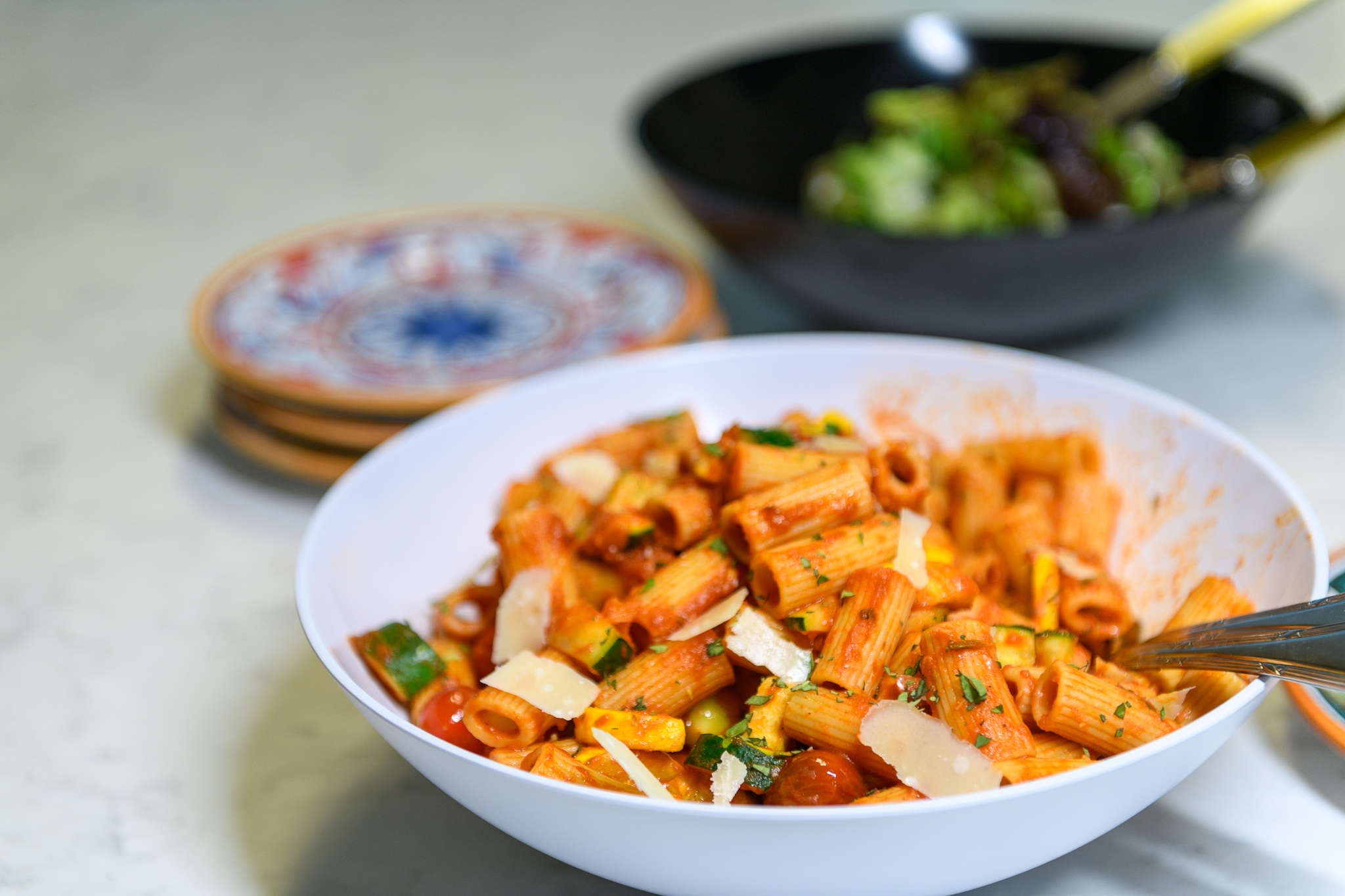 Paccheri pasta with summer vegetables