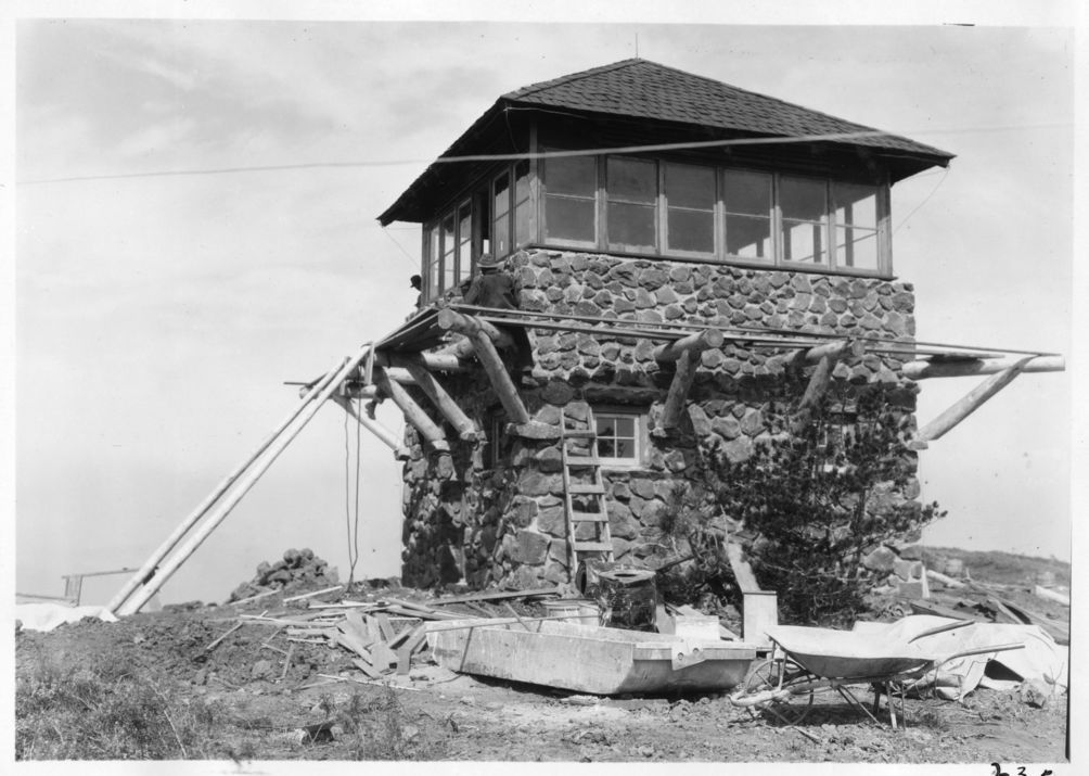 The rustic fire lookout on mount harkness has been active since the 1930s.