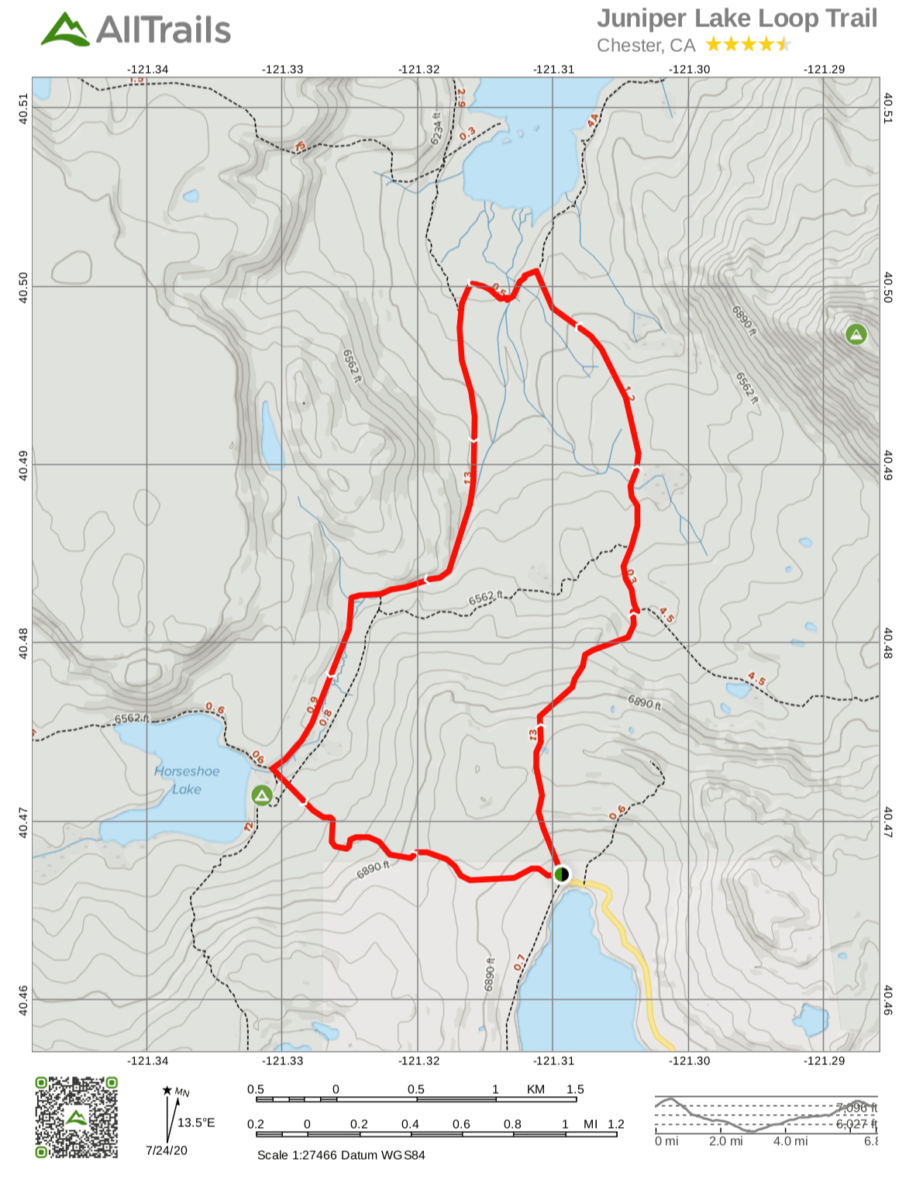 Map of juniper lake loop trail in lassen national park.