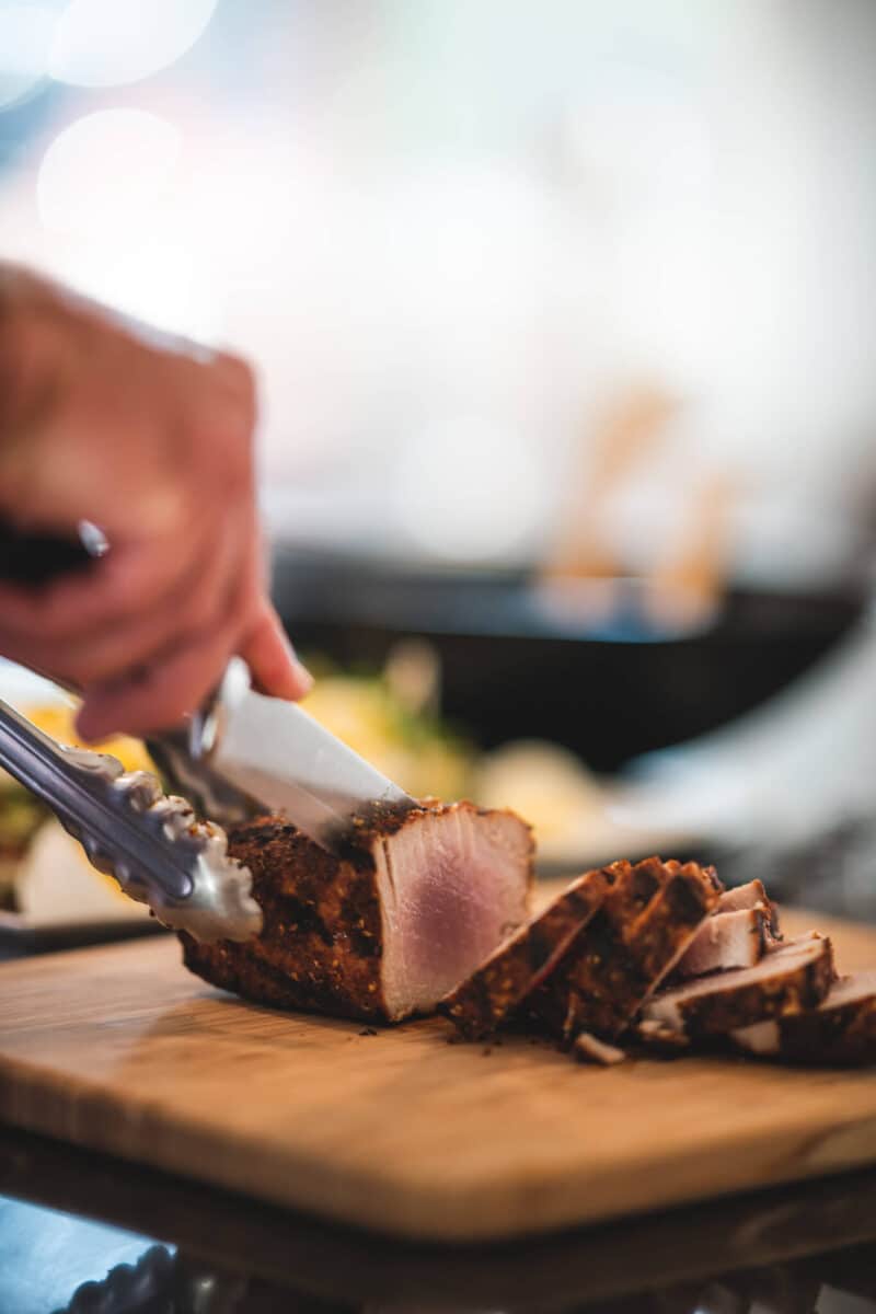 Slicing grilled ahi tuna