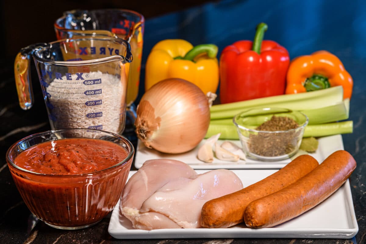 Cajun sausage and chicken jambalaya ingredients