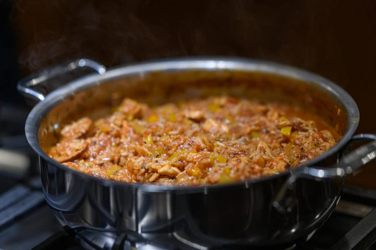 Cajun sausage and chicken jambalaya recipe ready to serve