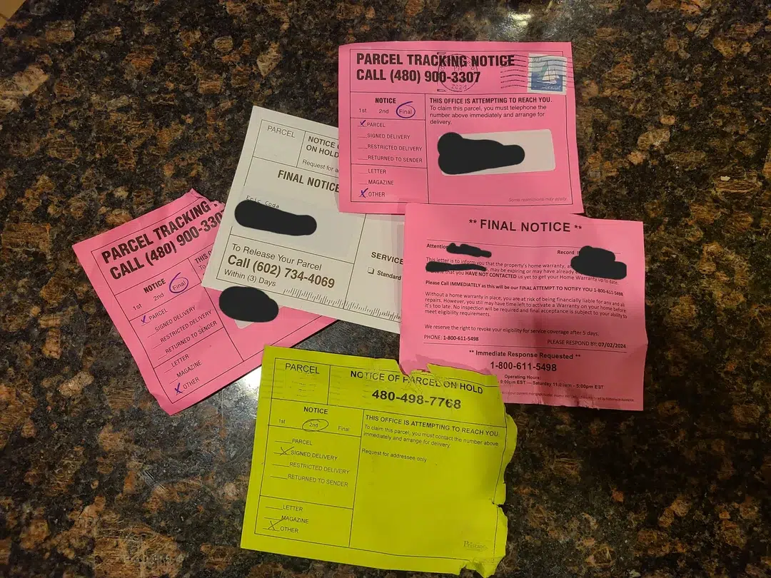 Notice of parcel on hold july 2024 multiple postcards