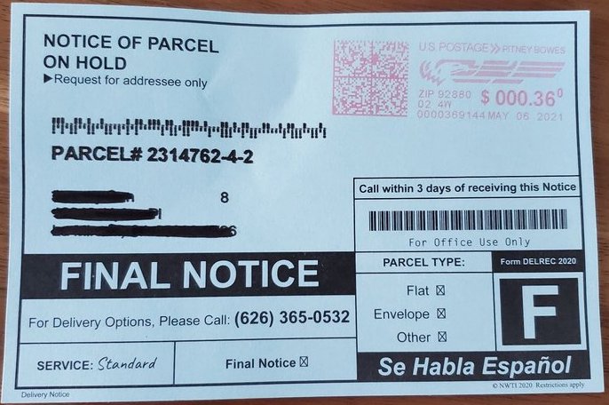 Notice of parcel on hold 626-365-0532