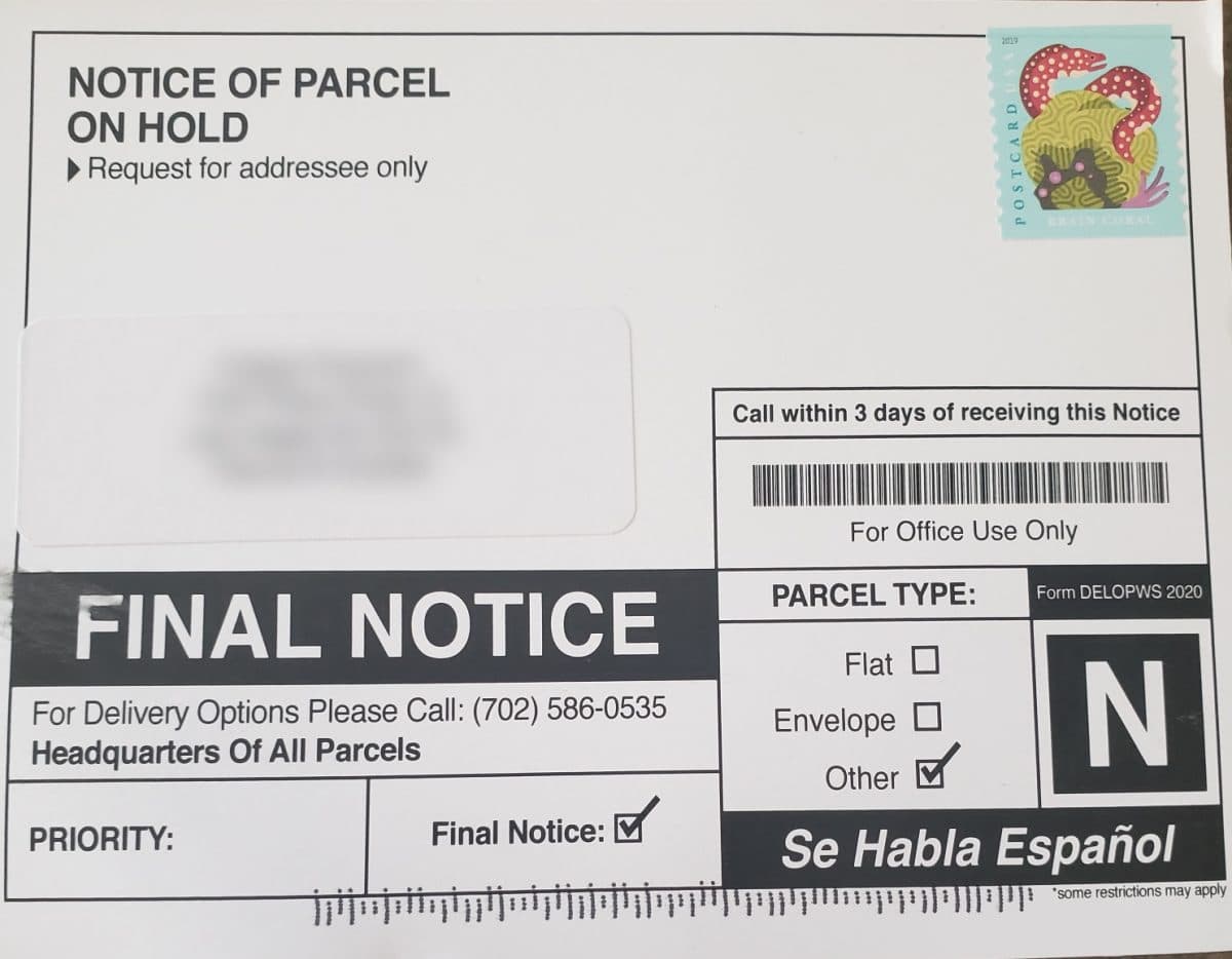 Notice of parcel on hold 702-586-0535