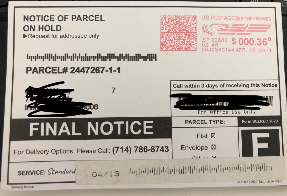 Notice of parcel on hold 714-786-8743