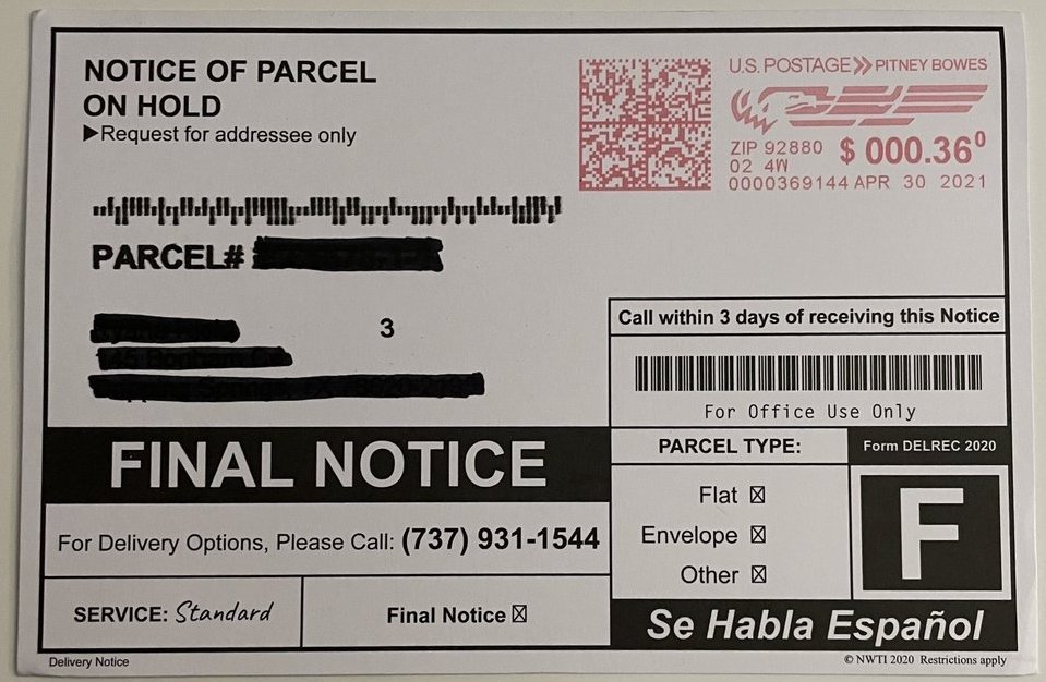 Notice of parcel on hold 737-931-1544