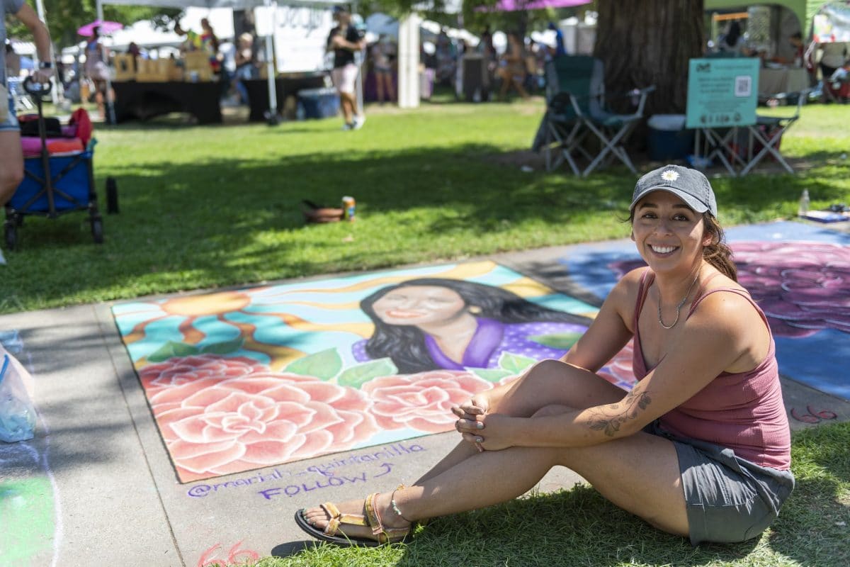 Mariah with her completed chalk square