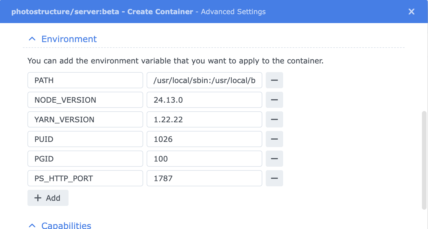 Photostructure for synology container manager advanced settings environment