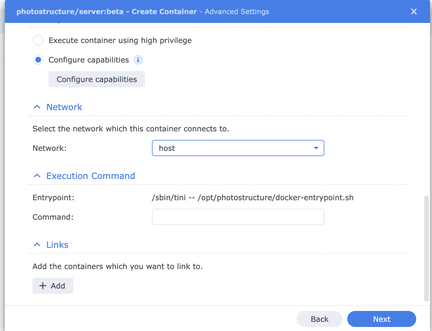 Photostructure for synology container manager advanced settings network