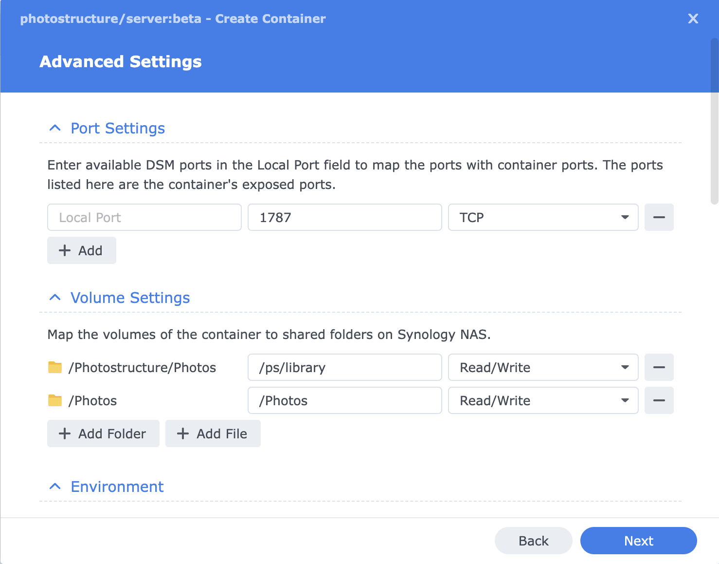 Photostructure for synology container manager advanced settings port volume