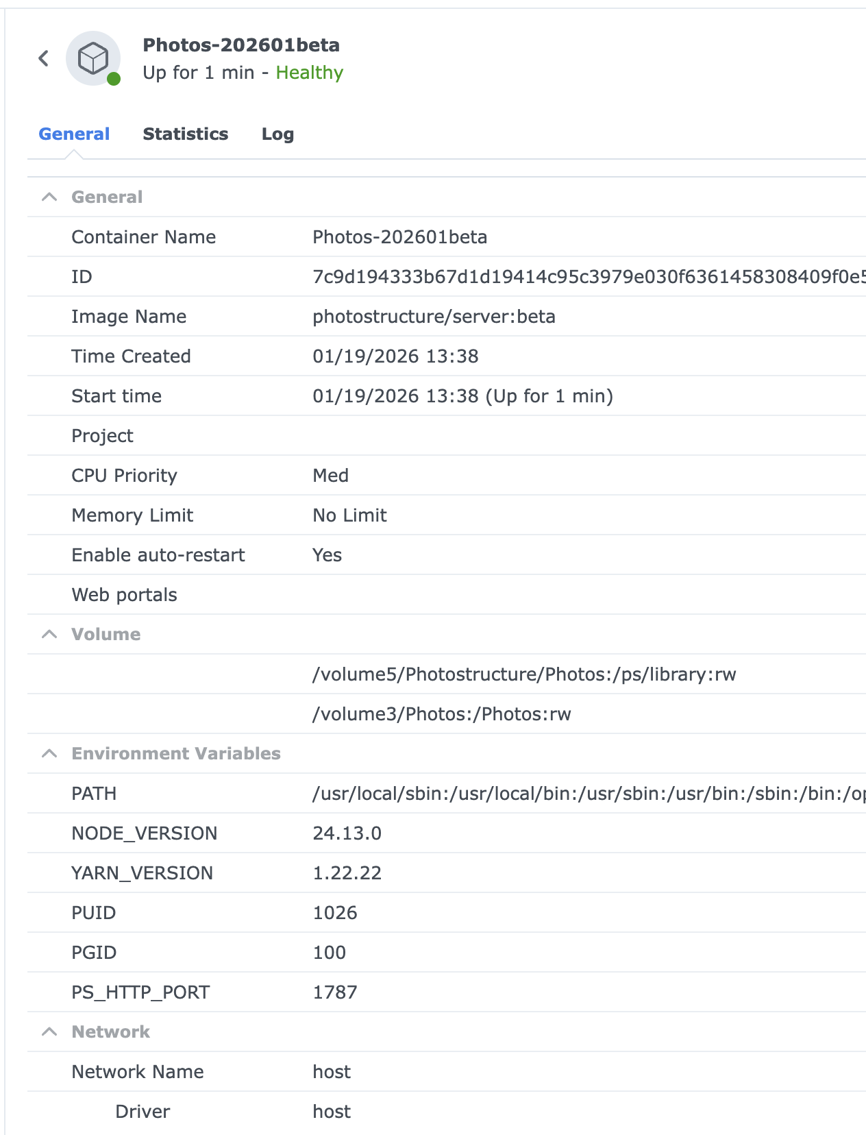 Photostructure for synology container manager running general status