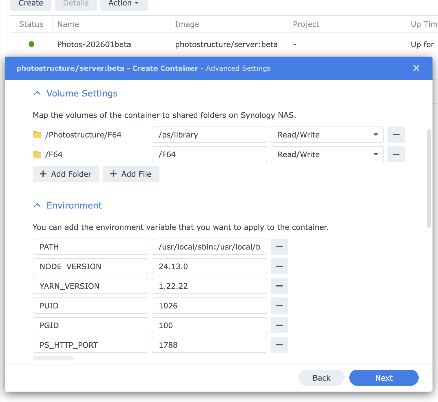 Photostructure for synology container manager second container settings