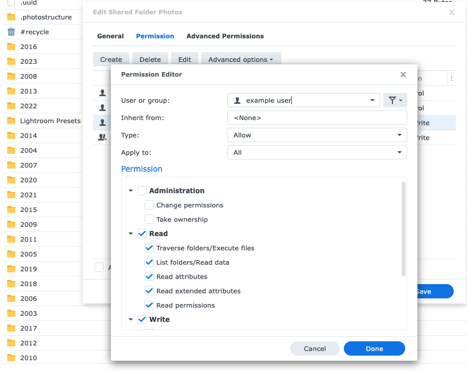 Photostructure for synology docker shared folder user settings