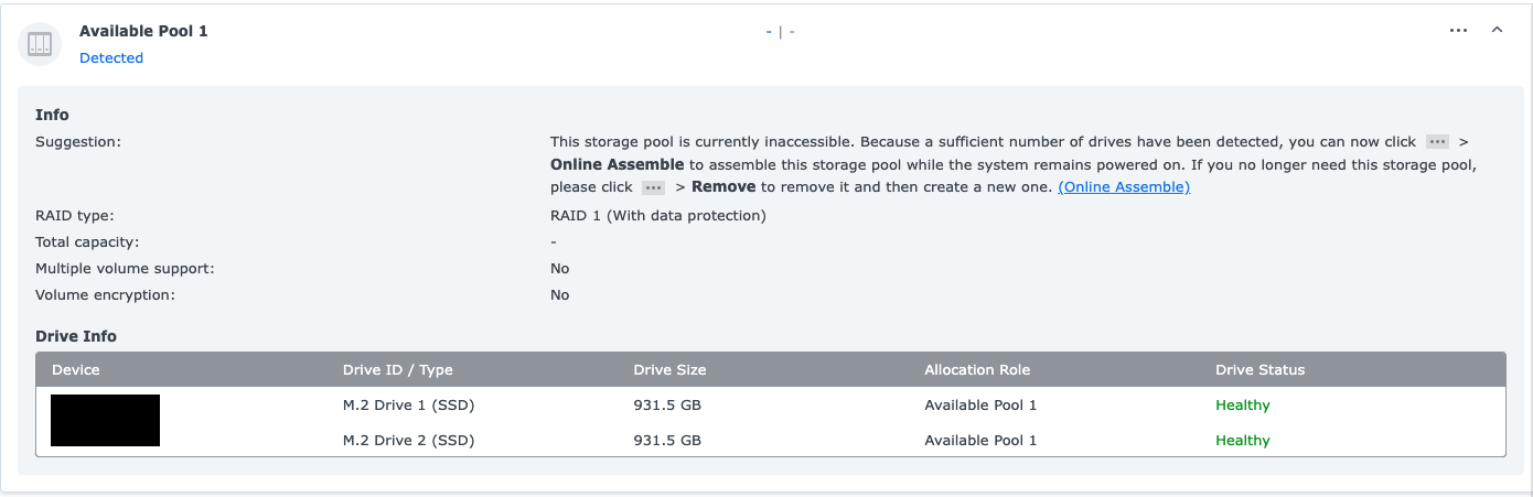 Synology nvme volume available pool