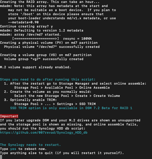 Synology nvme volume script finished needs restart