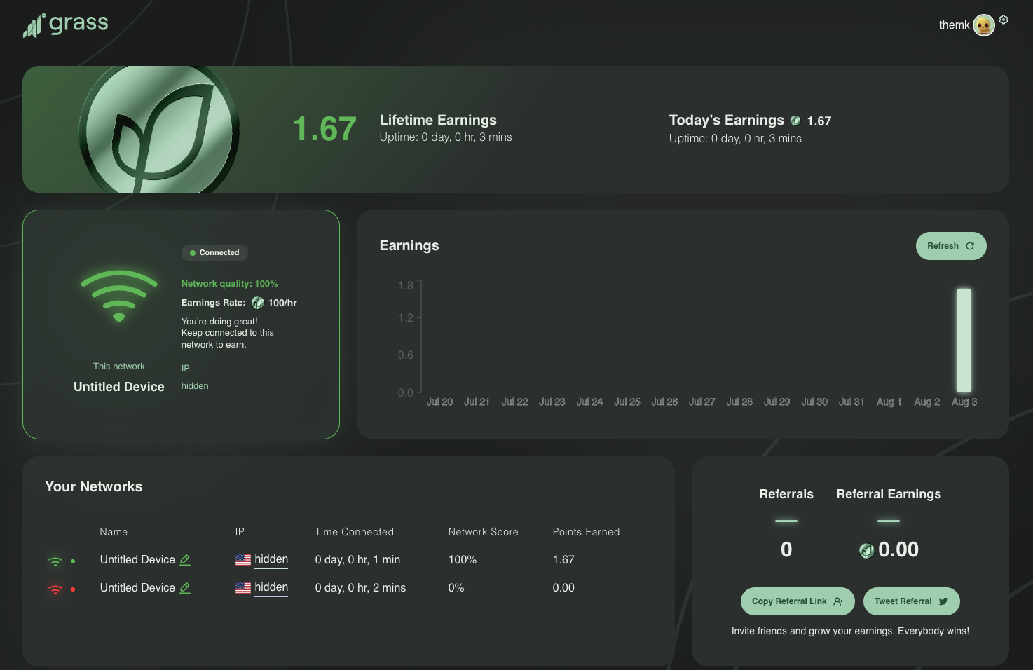 Making passive income with grass and wynd network dashboard earnings