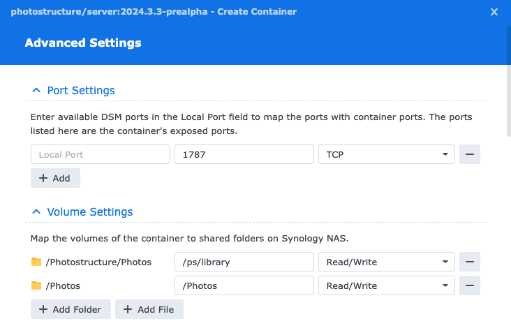 Photostructure for synology docker install create container advanced settings port volume