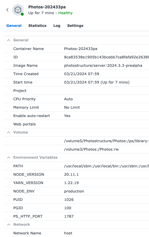 Photostructure for synology docker install create container running general status
