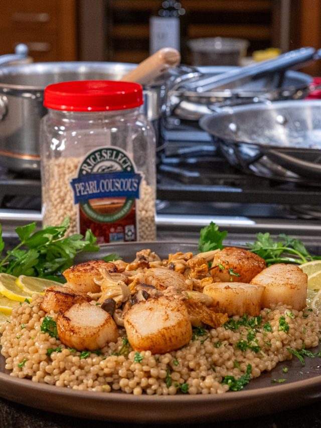 Pearl couscous with seared scallops and wild mushrooms recipe