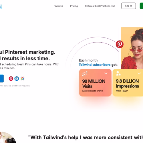 Tailwind pinterest marketing tool homepage showing 98 million monthly visits and 9. 8 billion impressions statistics for 2026