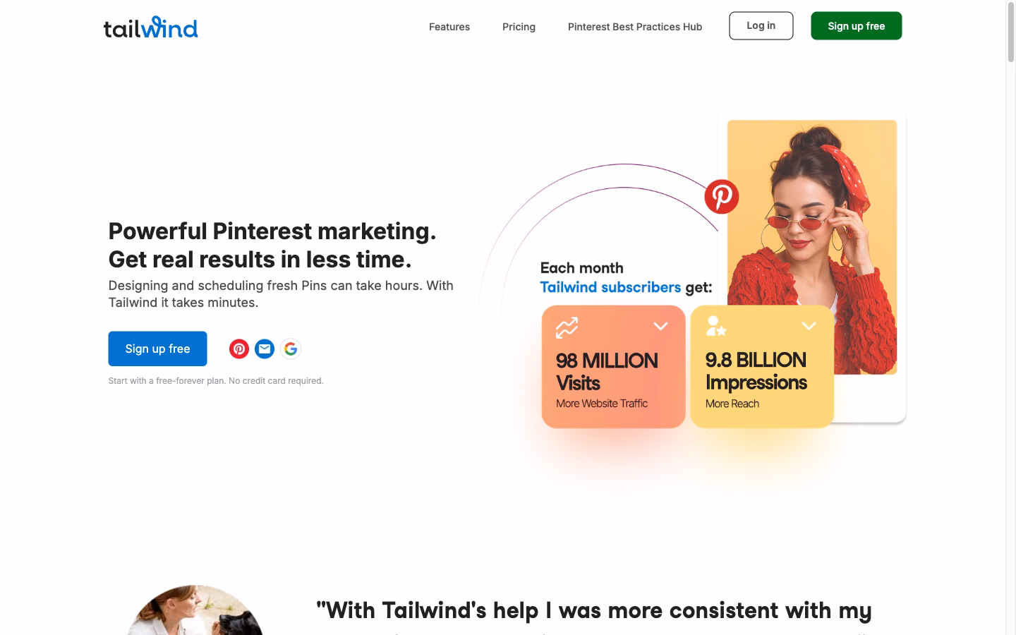 Tailwind pinterest marketing tool homepage showing 98 million monthly visits and 9. 8 billion impressions statistics for 2026