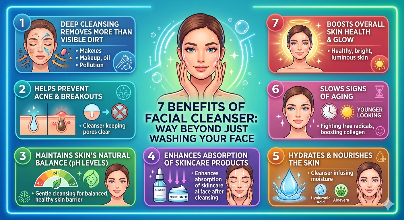 7 benefits of facial cleanser that go way beyond just washing your face 1 a good cleanser does more than clean; it’s basically your skin’s morning coffee. Think of facial cleanser as the bouncer your pores didn’t know they needed.