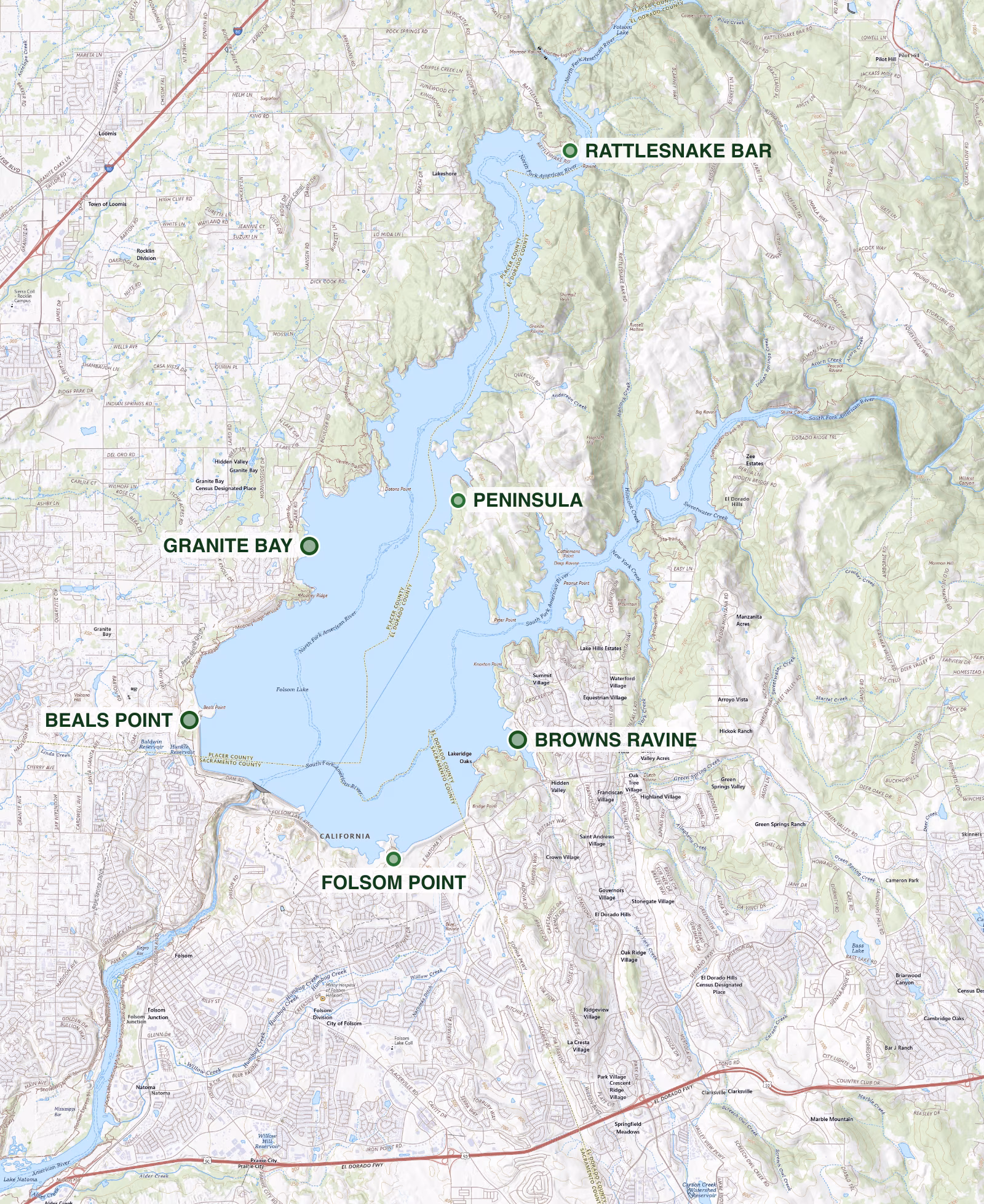 Usgs topographic map of folsom lake with the six main access points marked: granite bay, beals point, folsom point, browns ravine marina, peninsula, and rattlesnake bar