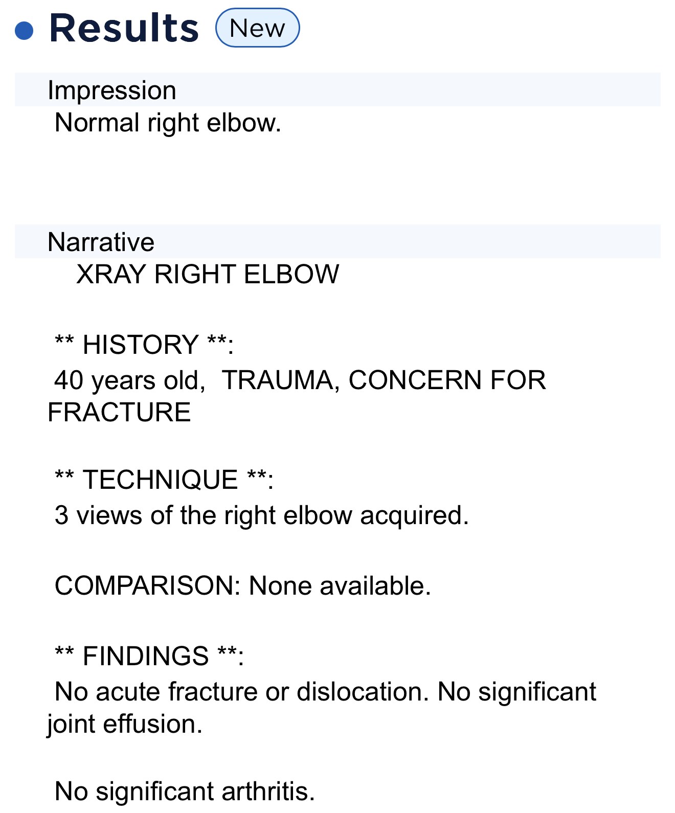 Right elbow x-ray report showing the impression normal right elbow, three views, with no acute fracture or dislocation, no significant joint effusion and no significant arthritis