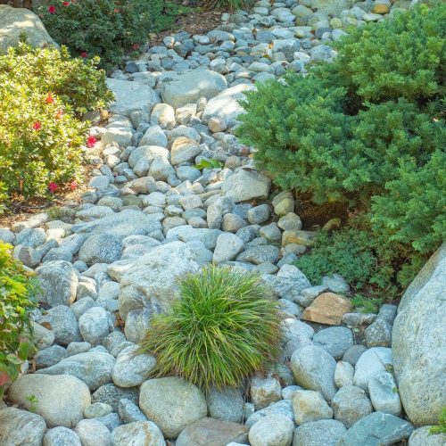 Dry creek bed landscaping: curves, a french drain and low-voltage light 5 how to build a curving dry creek bed over a french drain and light it at 2700k, with rock sizes, drain fabric specs, wiring code and sacramento rebate rules. Dry creek bed of smooth gray-green river rock winding between boulders, a clump of ornamental grass and flowering shrubs