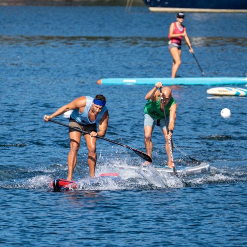 What's a good speed on an inflatable racing sup? Real data and benchmarks 5 real apple watch data and honest speed benchmarks for inflatable racing sups. What's fast, what's average, and why your psi matters more than you think. Two paddlers driving inflatable race boards through spray in the men's inflatable sprint final at the 2026 usa sup national championships in gig harbor