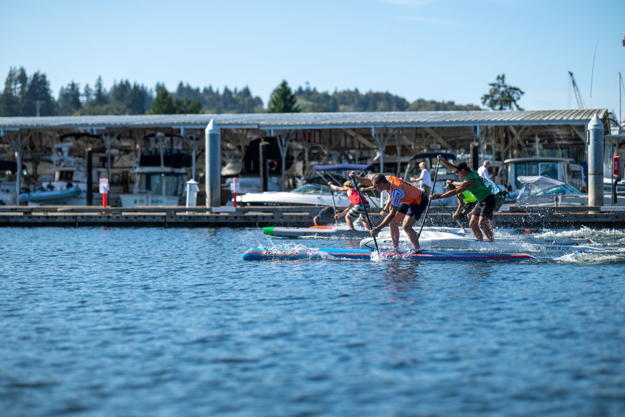 Three stand-up paddlers bent into their strokes on race boards, throwing spray as they sprint past the gig harbor docks at the 2026 usa sup national championships
