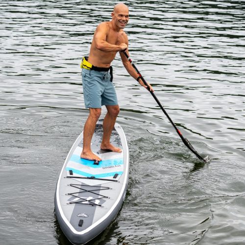 Michael kahn warming up on a hydrus elysium air inflatable race board in gig harbor before the sprints at the 2026 usa sup national championships